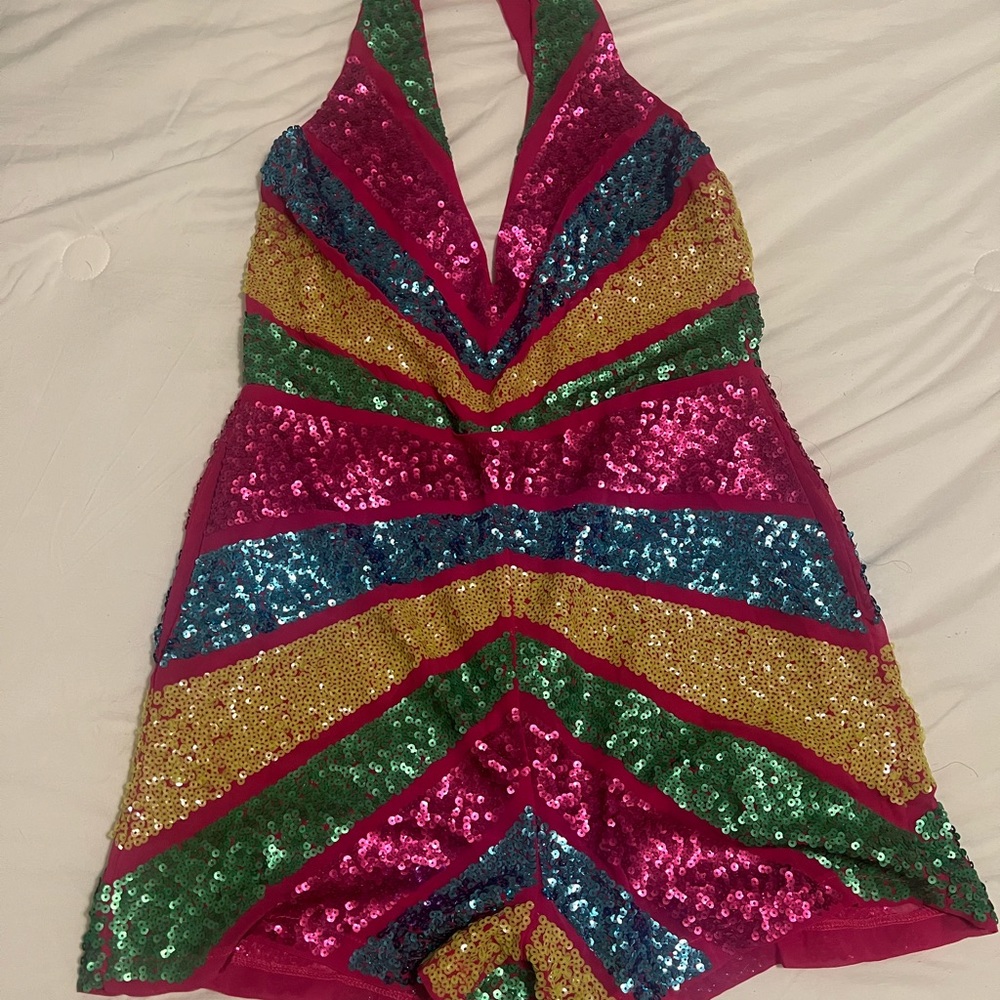 Multi color sequin halter romper with pockets
